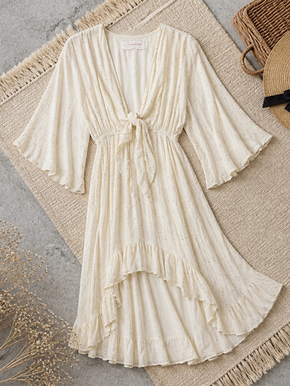 Sundress Cream High-Low Tie-Front Ruffle Dress